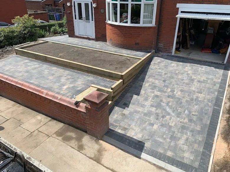 Block paving with raised planter