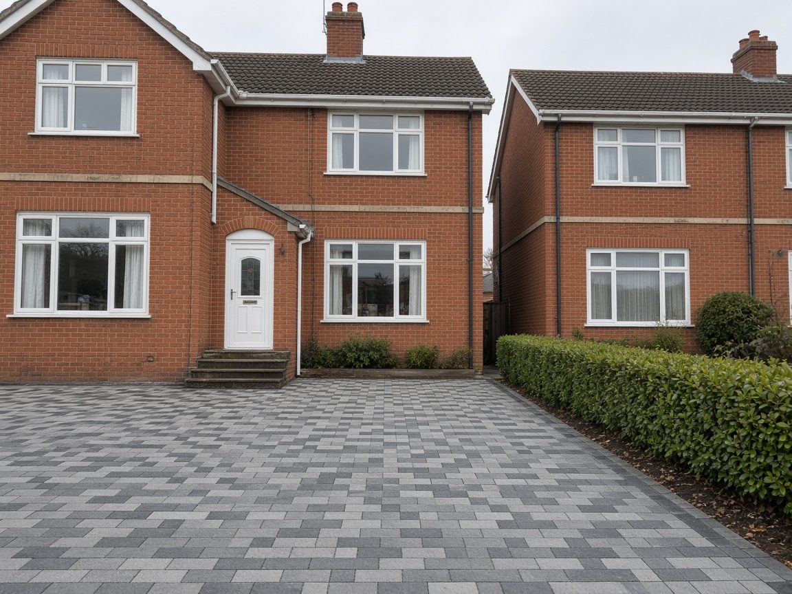 Grey block-paved driveway after jet washing