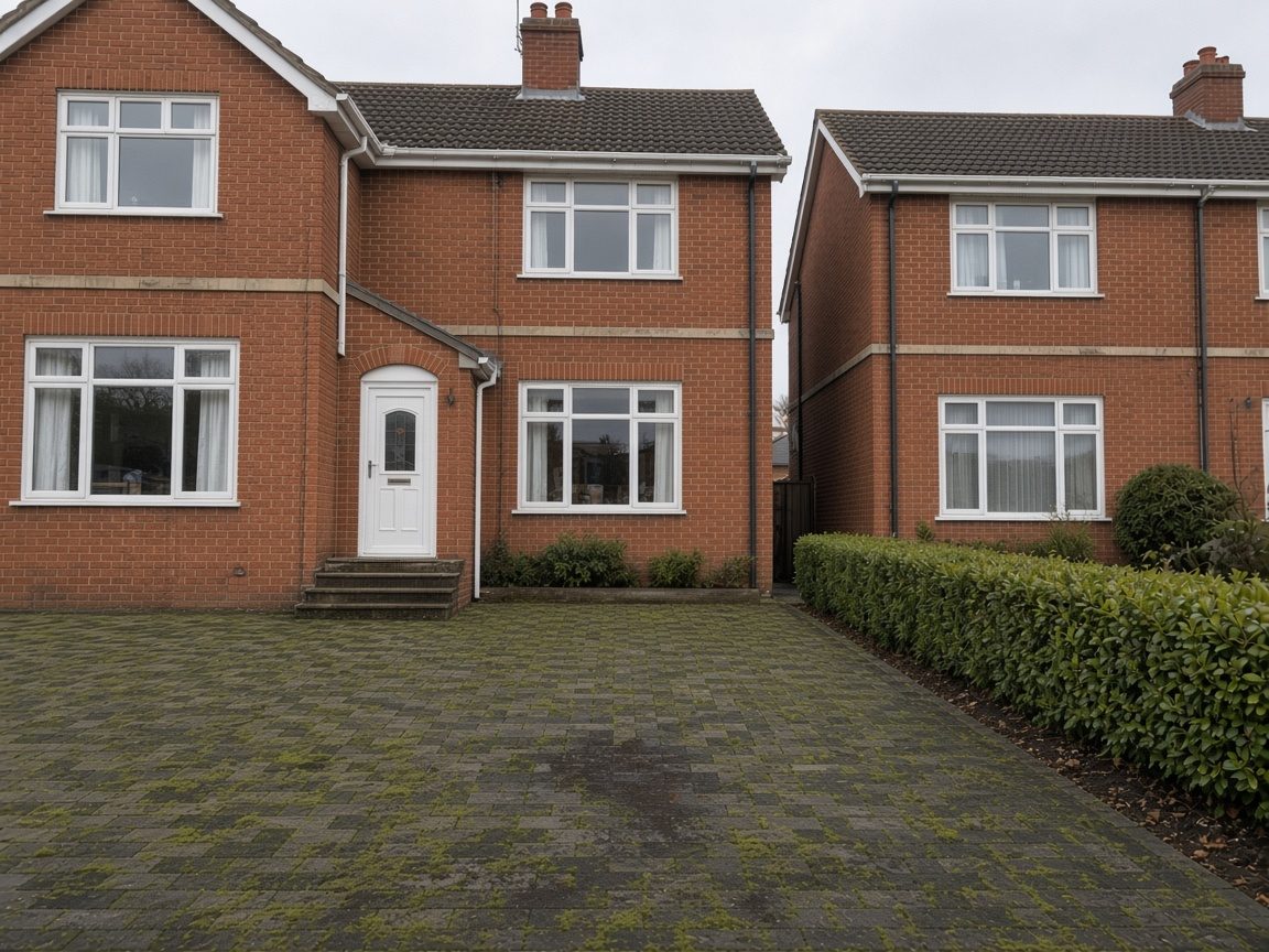 Grey block-paved driveway before jet washing