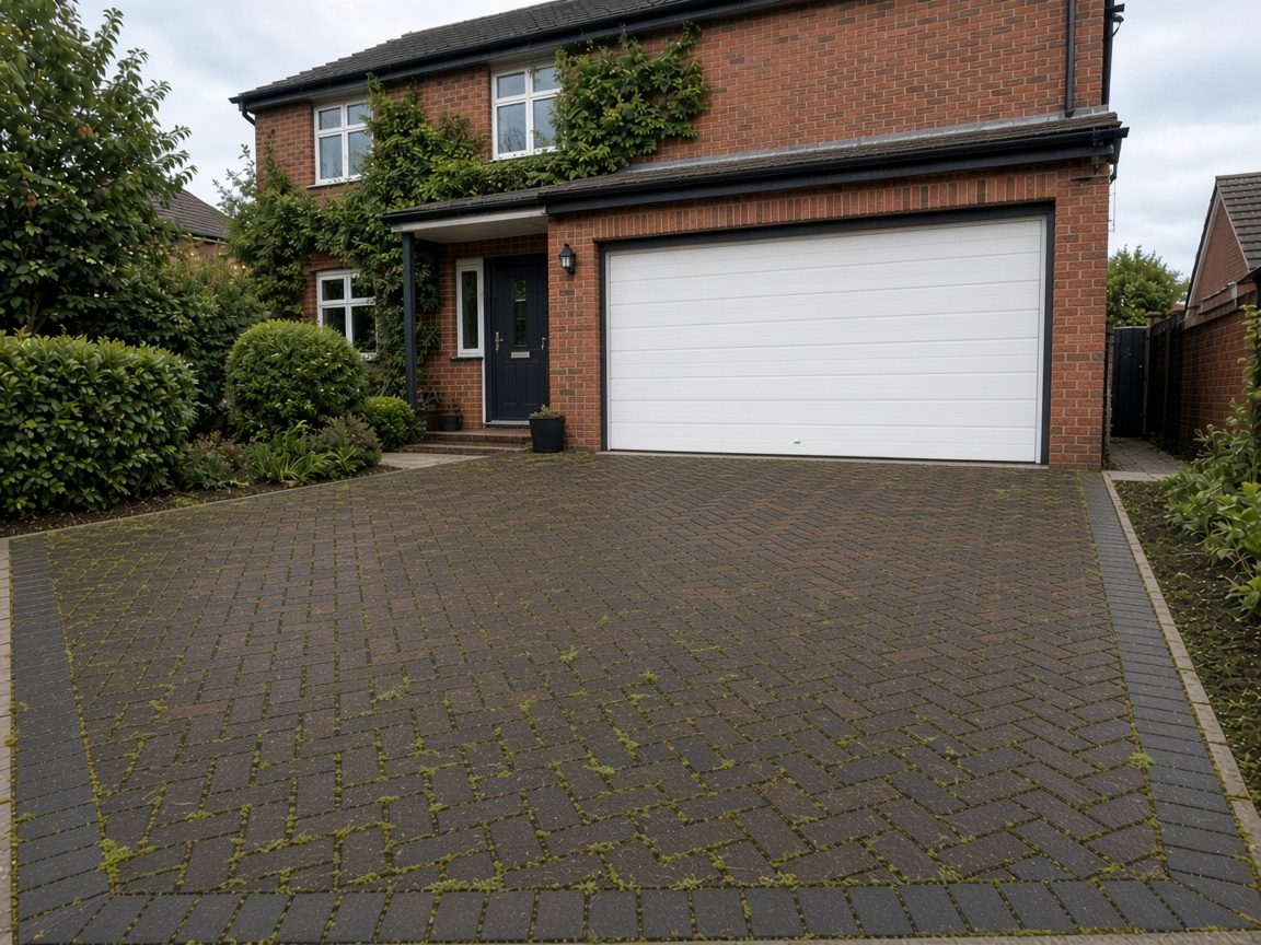 Red herringbone block paving before jet washing