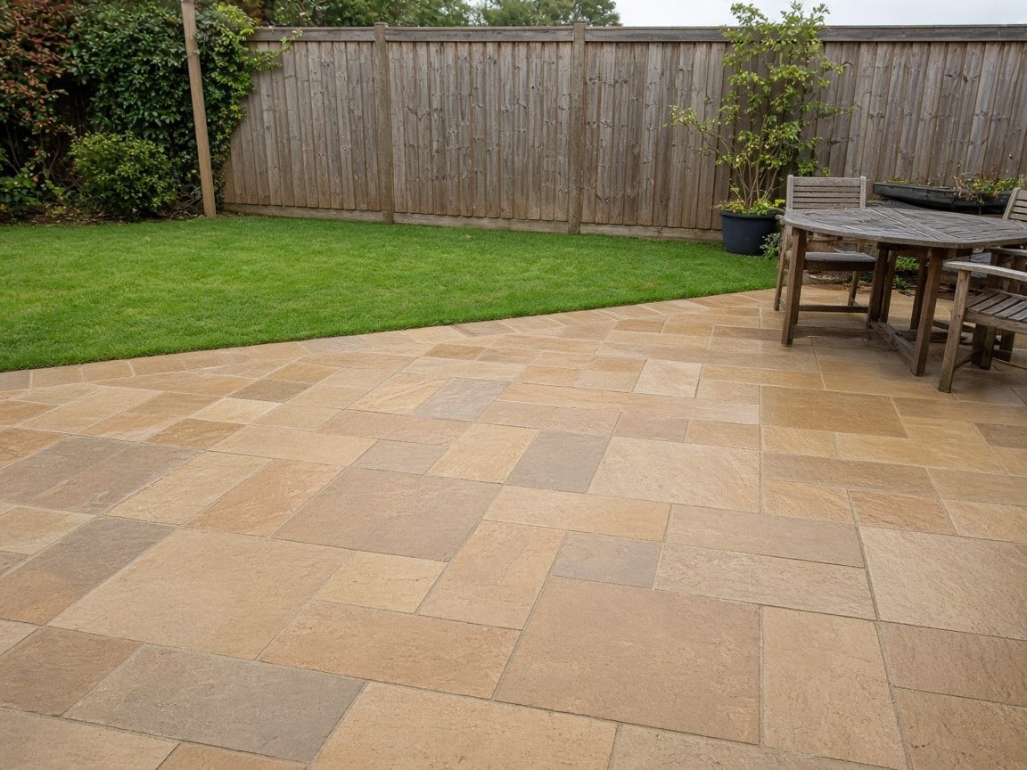 Indian sandstone patio after jet washing