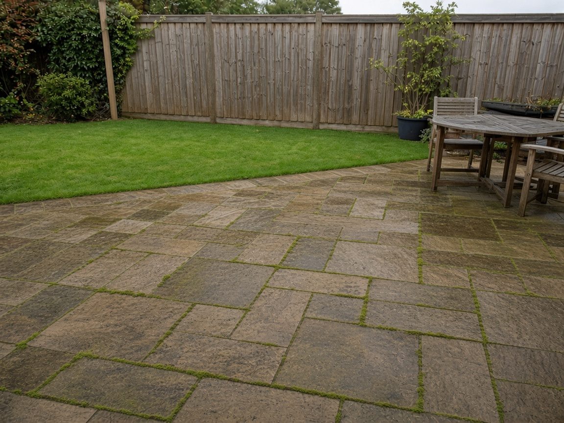Indian sandstone patio before jet washing